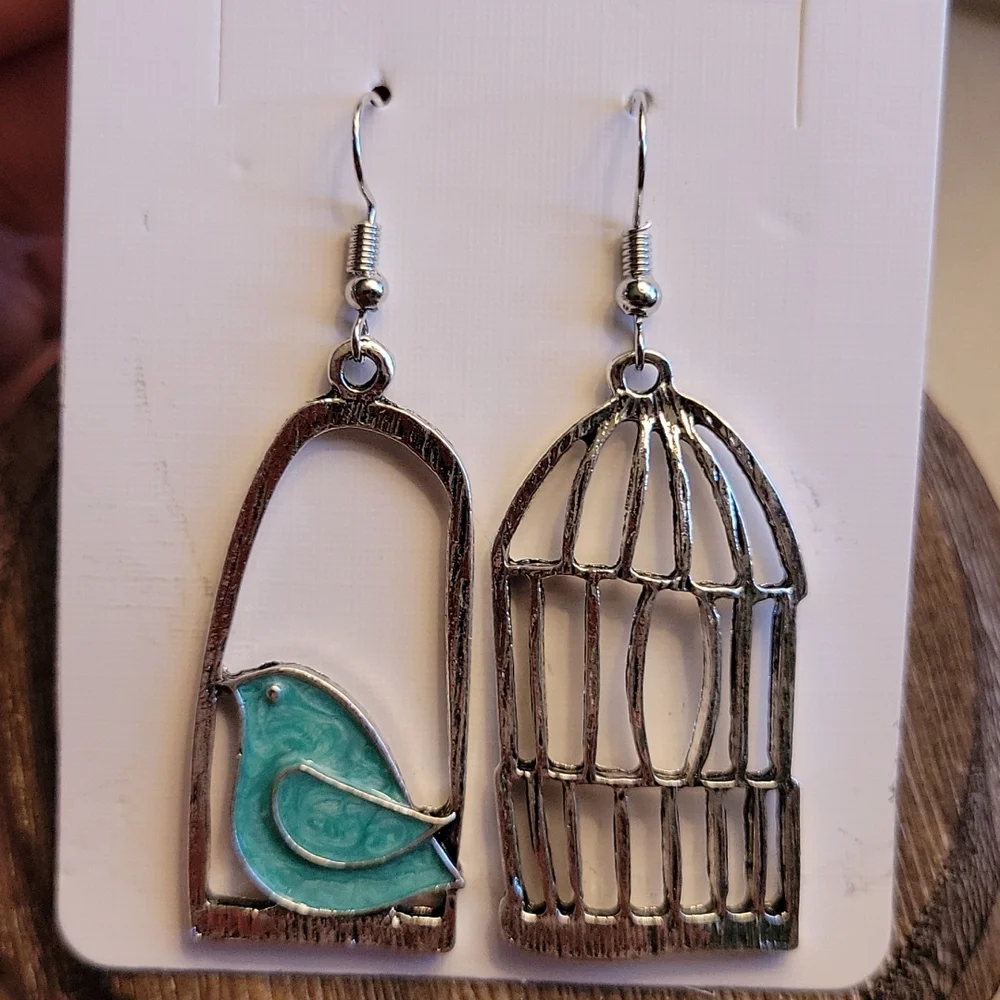 Oversized Bird and Birdcage Silver Drop Dangle Earrings - Picture 2 of 4